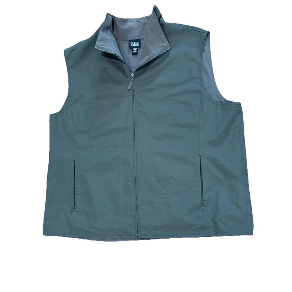 Eileen‎ Fisher Womens Italian Fabric Full Zip Mock Neck Vest Green Size L